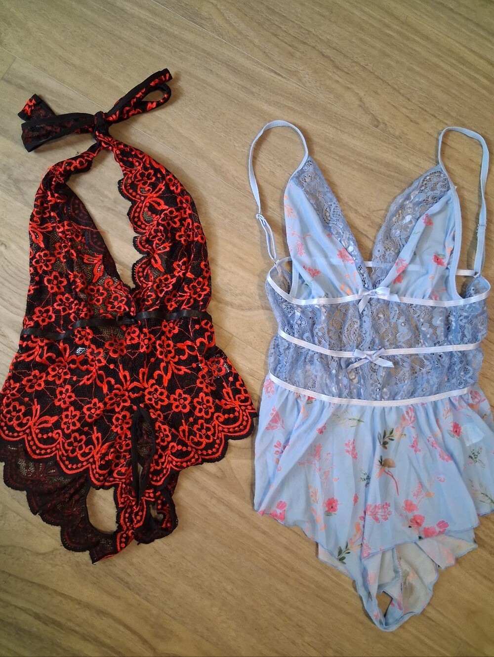 Bundle (2)Women’s Lace Halter Teddy Intimates Blue Floral & Black/Red Lace LARGE